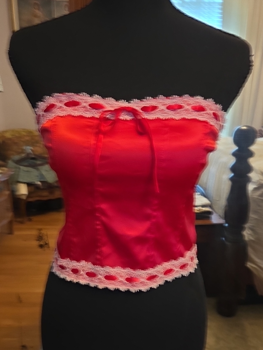 Red Satin Strapless Bandeau with White Lace Trim